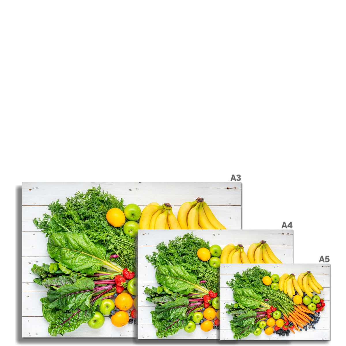 Assortment of fresh fruit and vegetables on white wooden boards. Fine Art Print