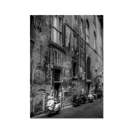 Typical street with parked scooters in the centre of Rome. Italy. Fine Art Print