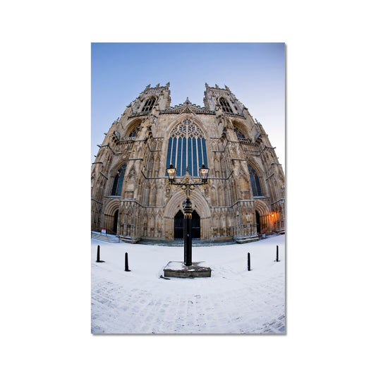 Fish eye shot of the West front of York Minster in snow Fine Art Print