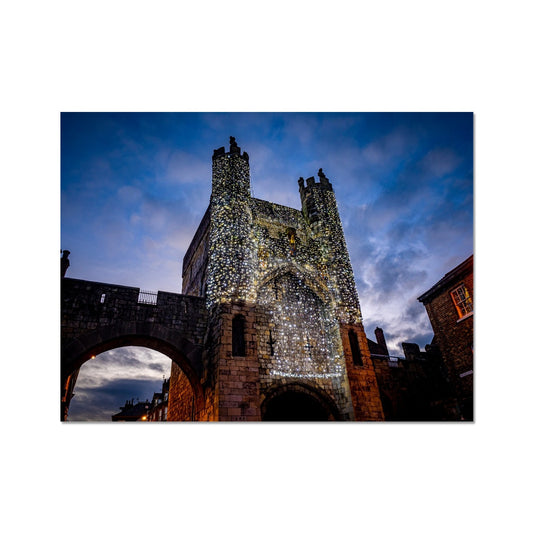 Monk Bar with illuminated Light Curtain for Christmas, York, UK. Fine Art Print