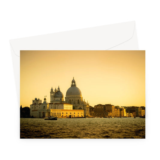 Venice sunset. Punta della Dogana and the Church of Santa Maria della Salute. . Greeting Card