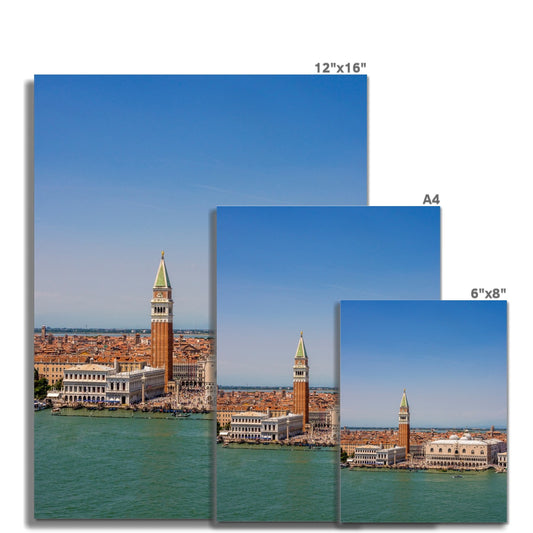 Aerial view of  Doges Palace and the bell tower of St Marks basilica, St Marks Basin, Venice. Italy. Fine Art Print