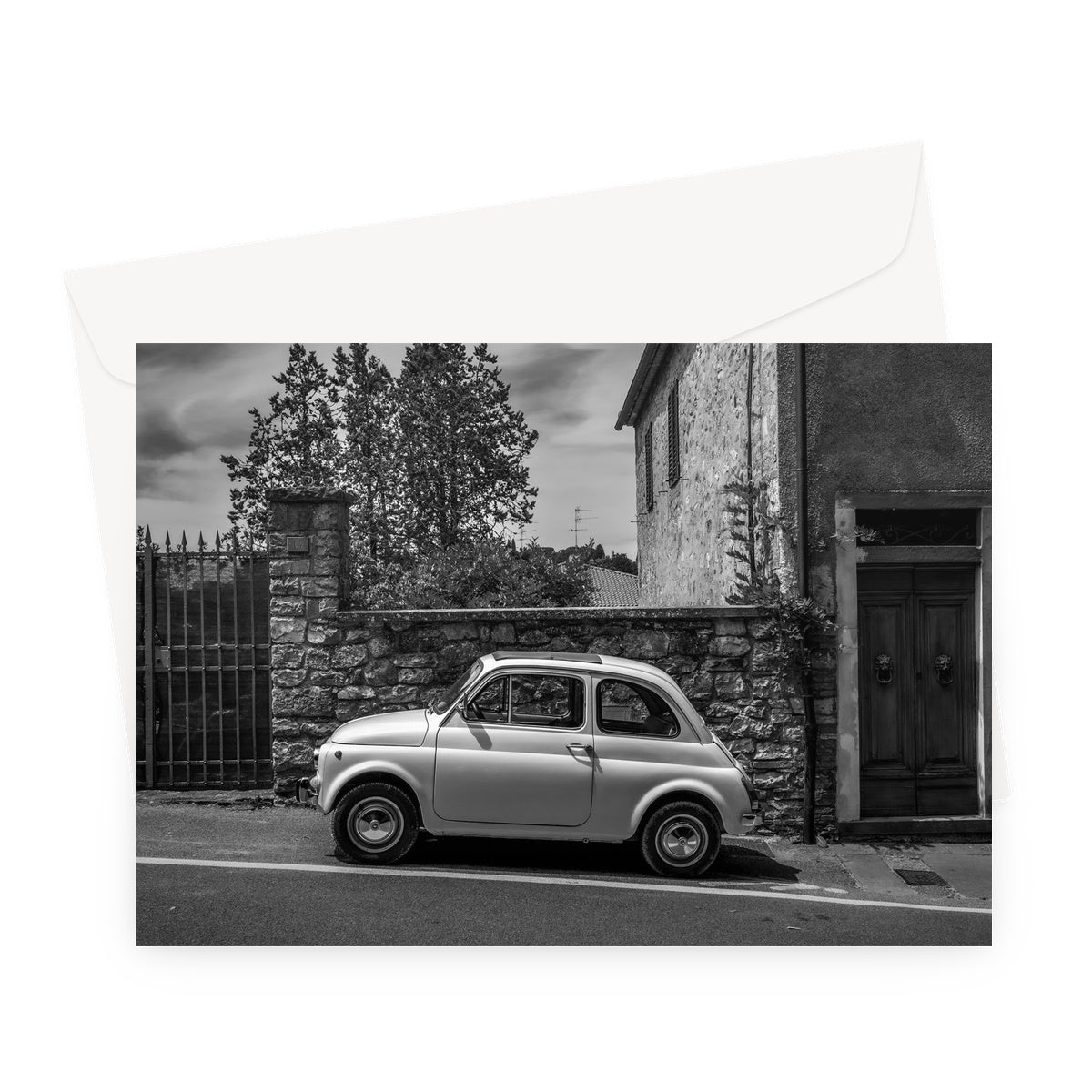 Vintage Fiat 500  car parked in Castellina in Chianti, Tuscany, Italy. Greeting Card