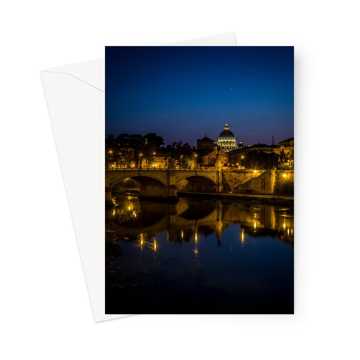 St Peter's Basilica. Ponte Vittorio Emanuele ll Vatican City at night, Rome, Italy. Greeting Card