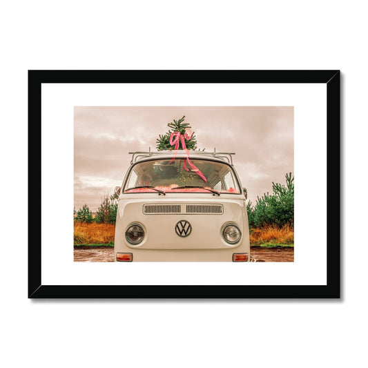1972 VW Bay Window Campervan parked with with Christmas tree on roof. Framed & Mounted Print