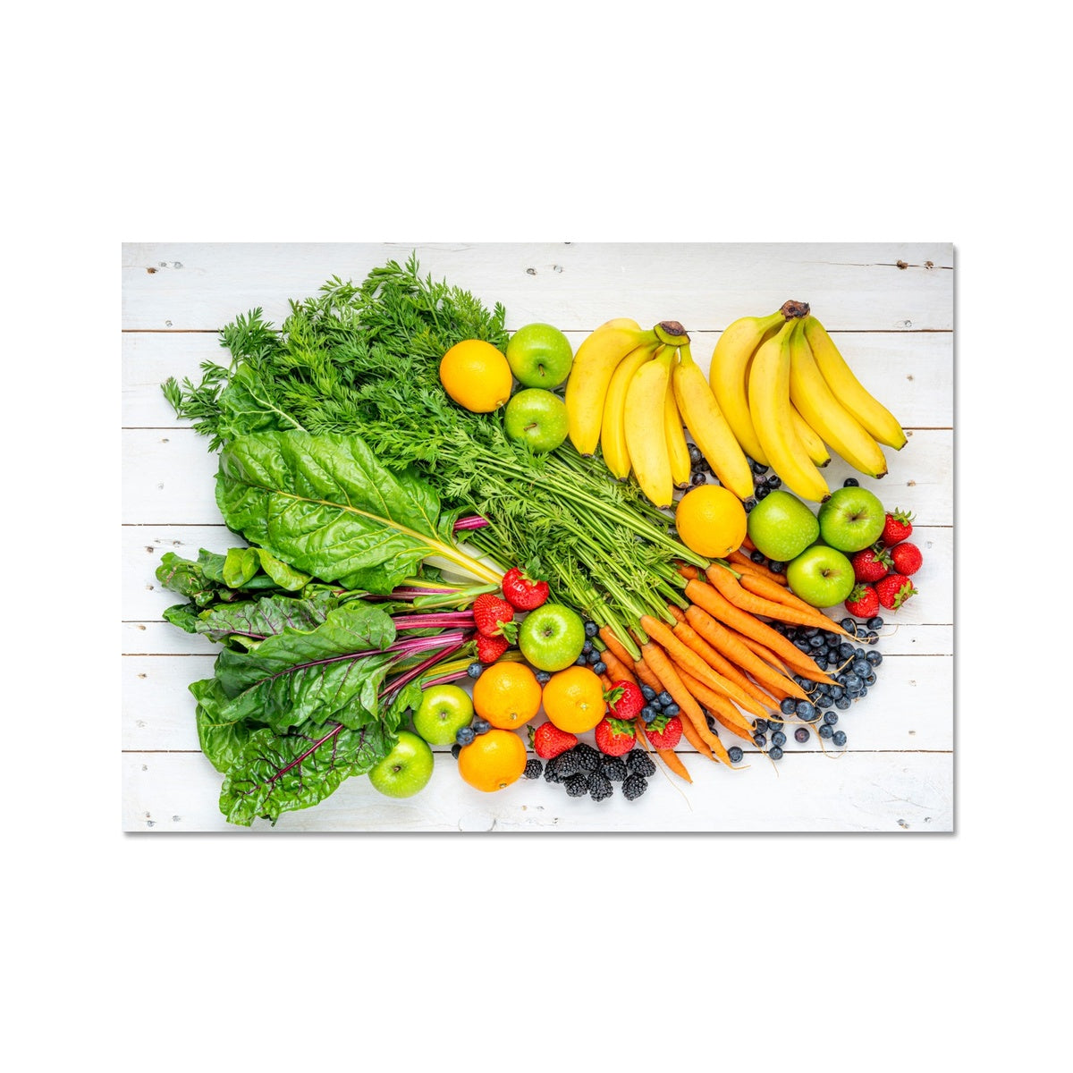 Assortment of fresh fruit and vegetables on white wooden boards. Fine Art Print