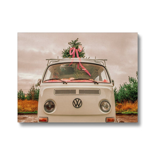 1972 VW Bay Window Campervan parked with with Christmas tree on roof. Canvas
