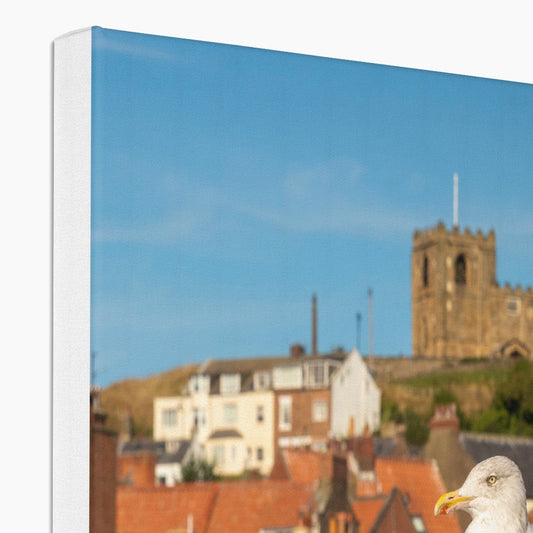 Seagull standing on a lobster trap on the quayside of Whitby harbour with St Mary's church in the distance. Whitby, UK. Canvas