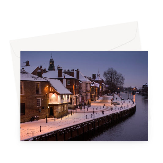 The Kings Arms pub and River Ouse in the snow at dusk, York, UK. Greeting Card