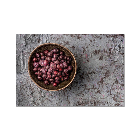 Flat lay: bowl of frozen blueberries  Fine Art Print