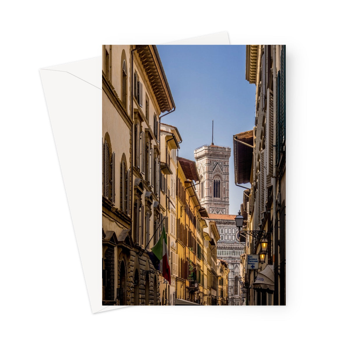 Giotto's Campanile glimpsed between buildings in the city of Florence, Italy. Greeting Card
