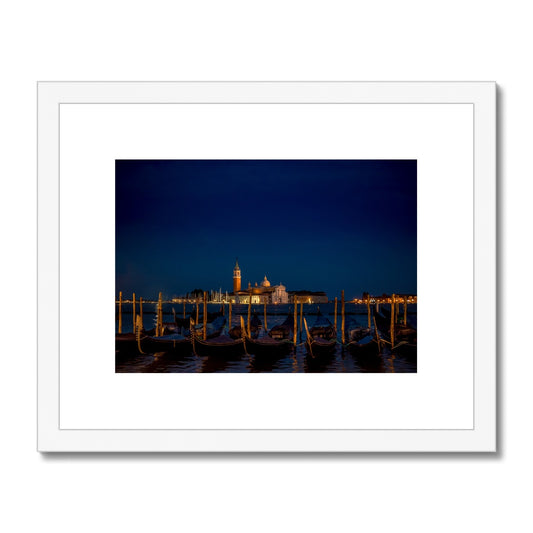 Gondolas moored in St Mark's Basin with San Giorgio Maggiore in the background at night, Venice, Italy. Framed & Mounted Print