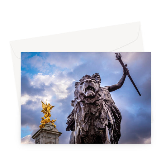 Gilded Winged Victory at the top of the Victoria Memorial and Progress bronze statue at base, London. Greeting Card