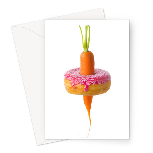 Carrot through a doughnut demonstrating healthy versus unhealthy food choices.  Greeting Card