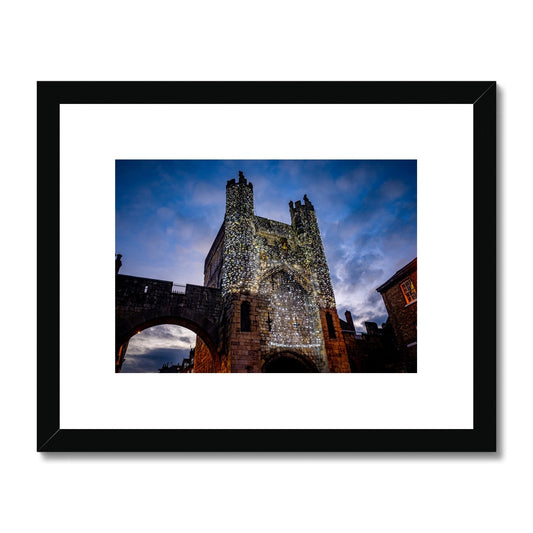 Monk Bar with illuminated Light Curtain for Christmas, York, UK. Framed & Mounted Print
