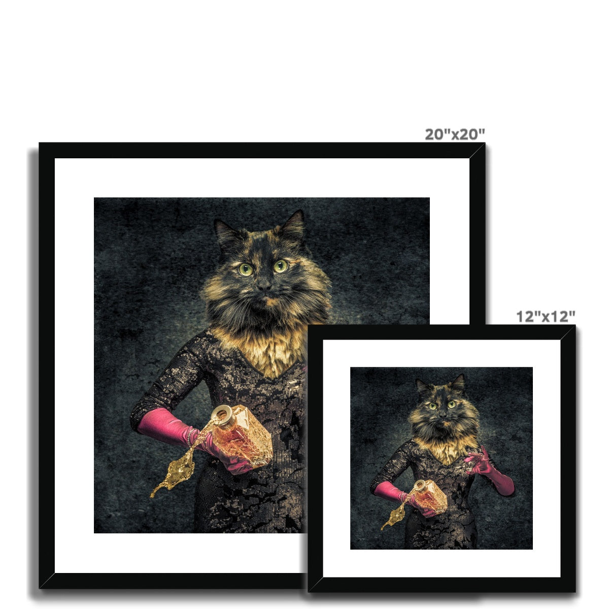 Anthropomorphic cat spilling drink from decanter Framed & Mounted Print