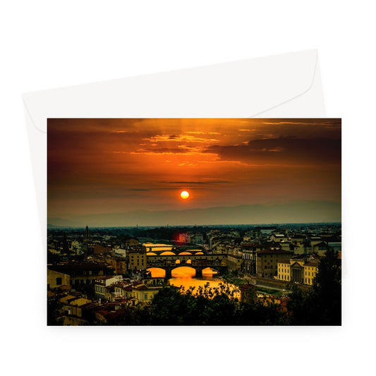 Ponte Vecchio at sunset and the river Arno. Florence, Italy. Greeting Card
