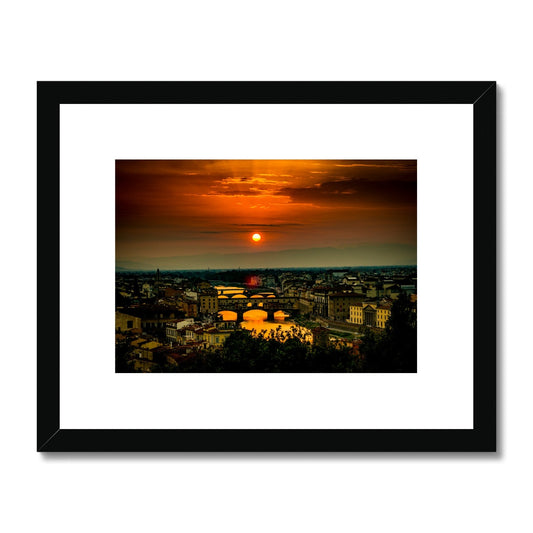 Ponte Vecchio at sunset and the river Arno. Florence, Italy. Framed & Mounted Print