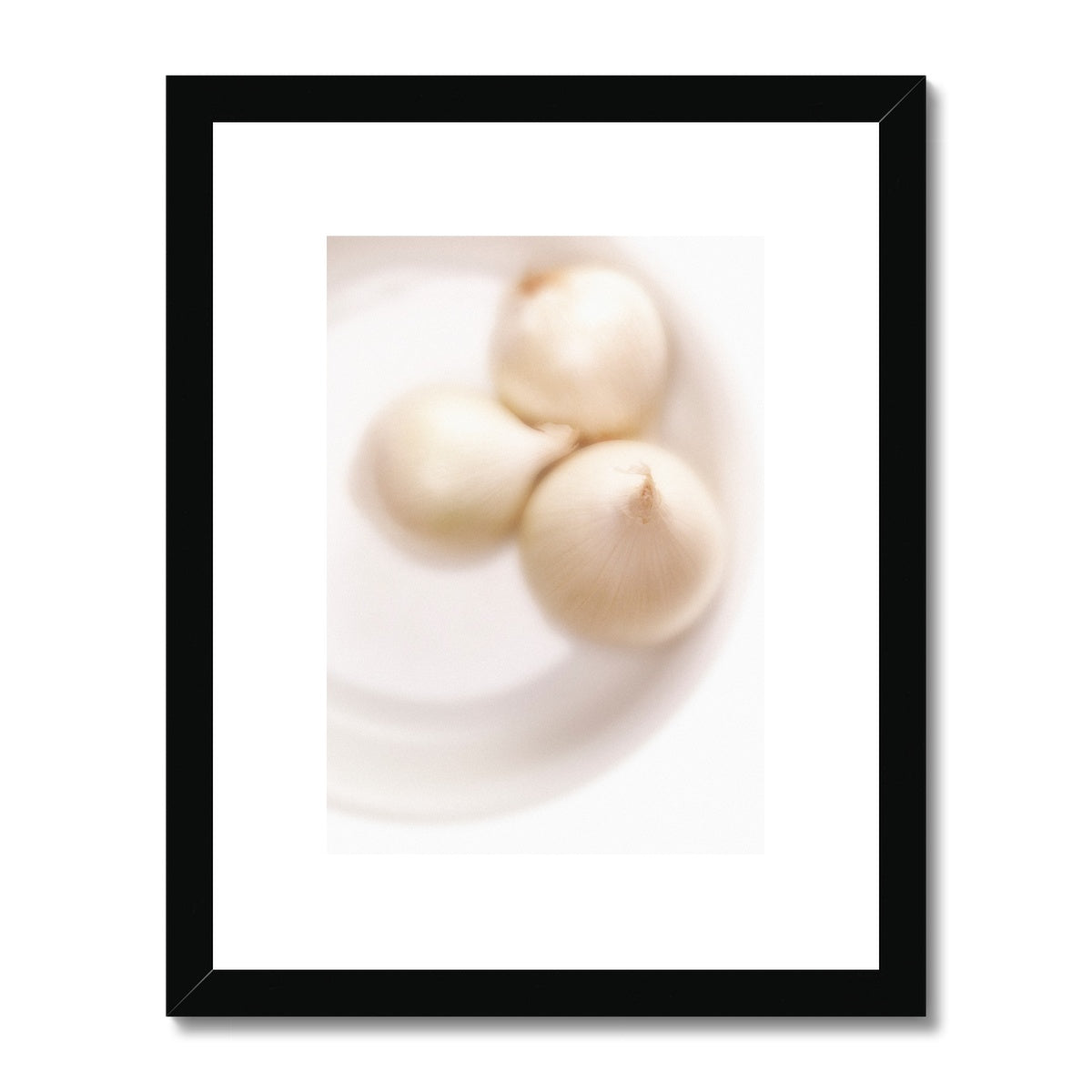 Three white onions on white plate Framed & Mounted Print