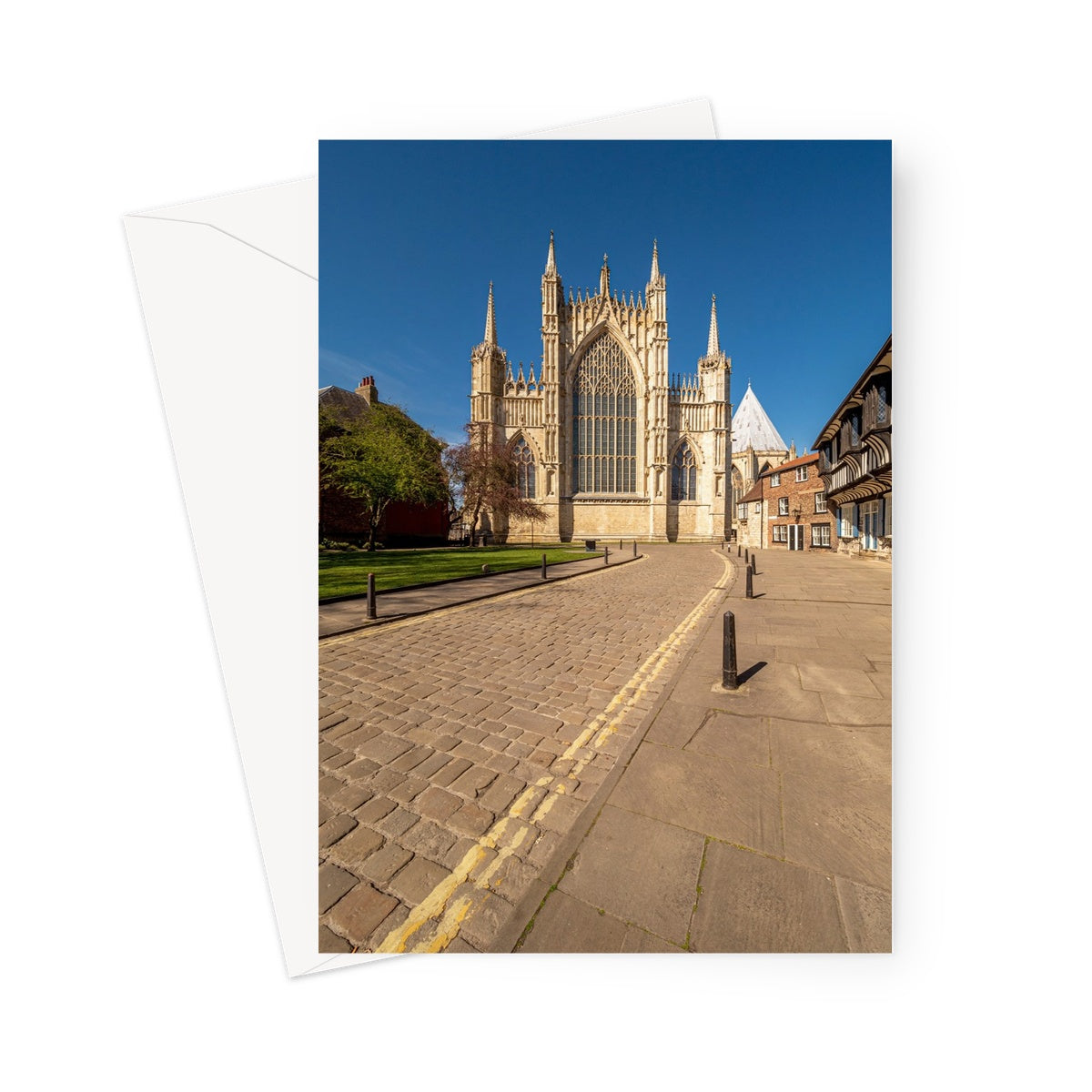 The Great East Window of York Minster seen from College Street,York. UK Greeting Card