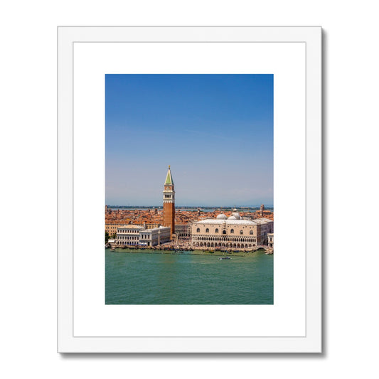 Aerial view of  Doges Palace and the bell tower of St Marks basilica, St Marks Basin, Venice. Italy. Framed & Mounted Print