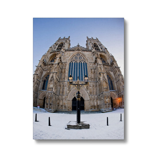 Fish eye shot of the West front of York Minster in snow Canvas
