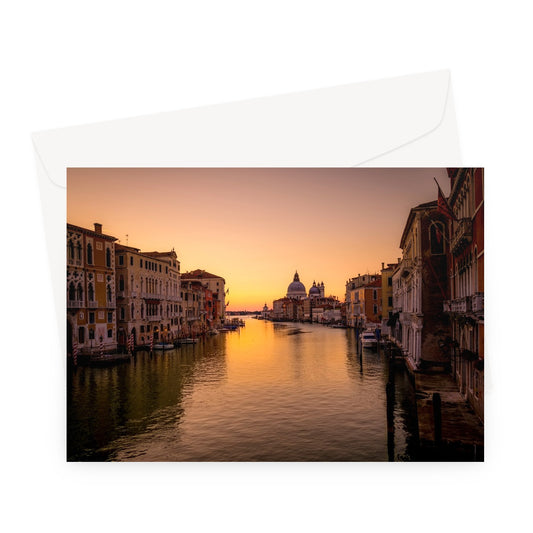 Grand Canal with Santa Maria della Salute in the distance at sunrise. Venice, Italy. Greeting Card