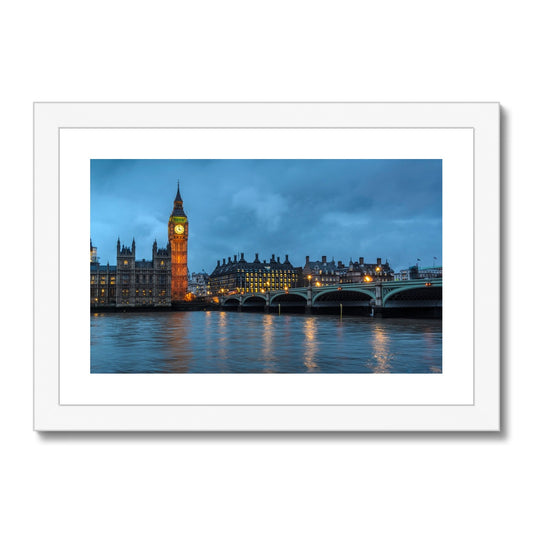 Big Ben and Houses of Parliament at dusk, Westminster, London. Framed & Mounted Print
