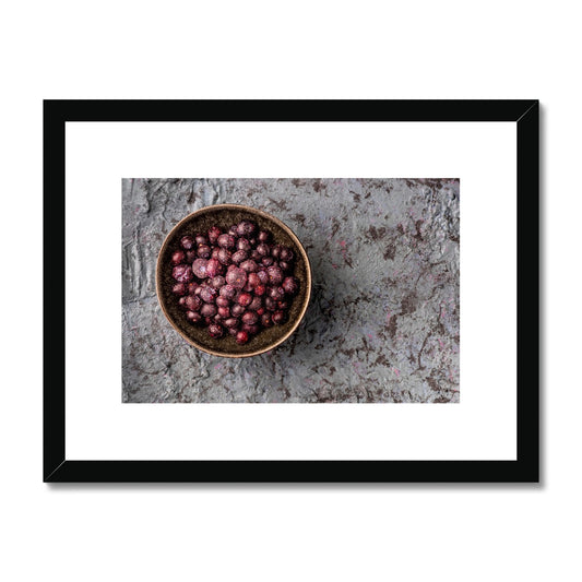 Flat lay: bowl of frozen blueberries  Framed & Mounted Print