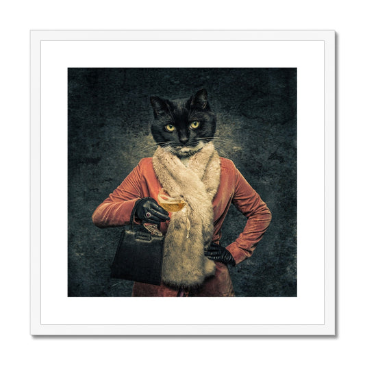 Anthropomorphic cat spilling drink from champagne coupe Framed & Mounted Print