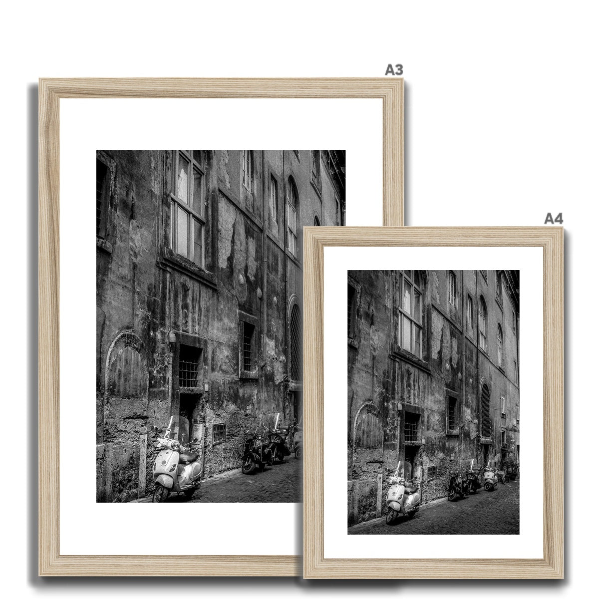 Typical street with parked scooters in the centre of Rome. Italy. Framed & Mounted Print