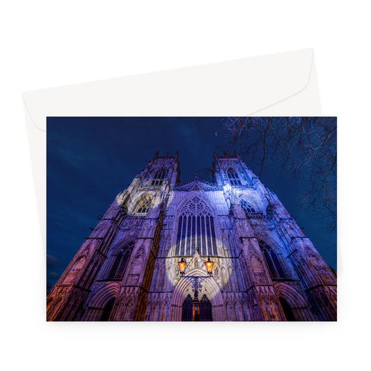 York Minster cathedral with Christmas illuminations, York, UK. Greeting Card
