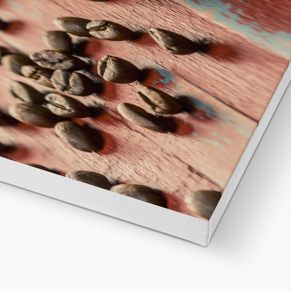 Roasted coffee beans on painted wooden board with white espresso cup and saucer Canvas