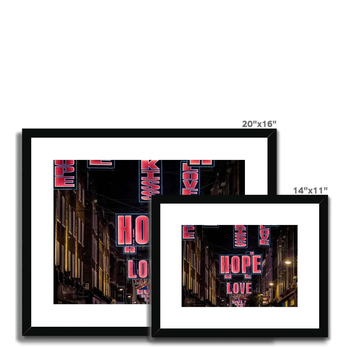 Hope and Love Christmas illuminations in Carnaby Street, London, UK. Framed & Mounted Print