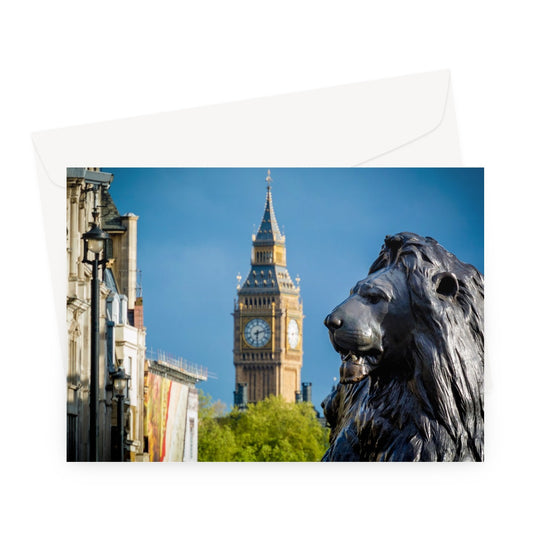 Lion statue in Trafalgar Square, with Big ben in background, London. Greeting Card