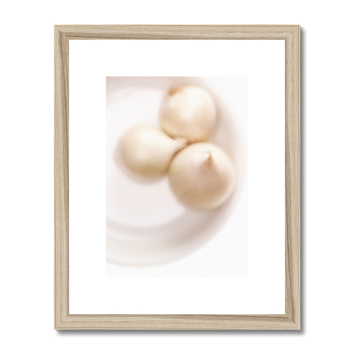 Three white onions on white plate Framed & Mounted Print