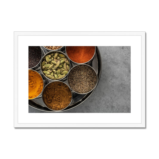 Flat lay of an spice tin (masala dabba)  Framed & Mounted Print