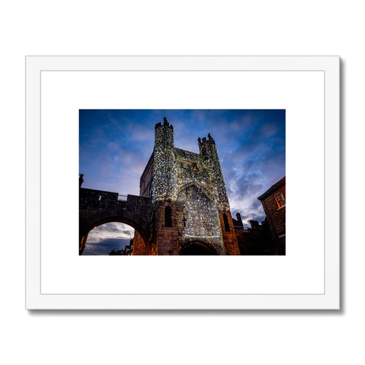 Monk Bar with illuminated Light Curtain for Christmas, York, UK. Framed & Mounted Print