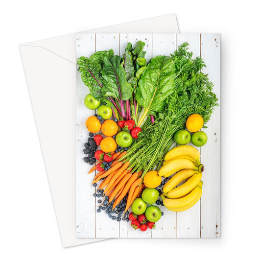 Flat lay of fresh fruit and vegetables on a modern rustic background Greeting Card