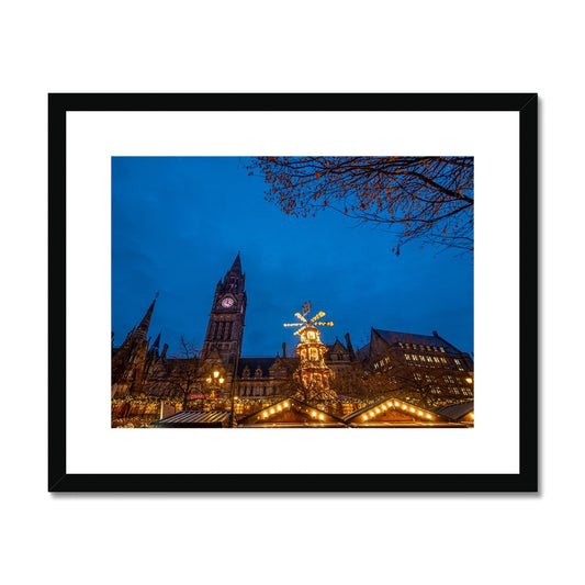 Manchester Town Hall and Christmas market at night Framed & Mounted Print