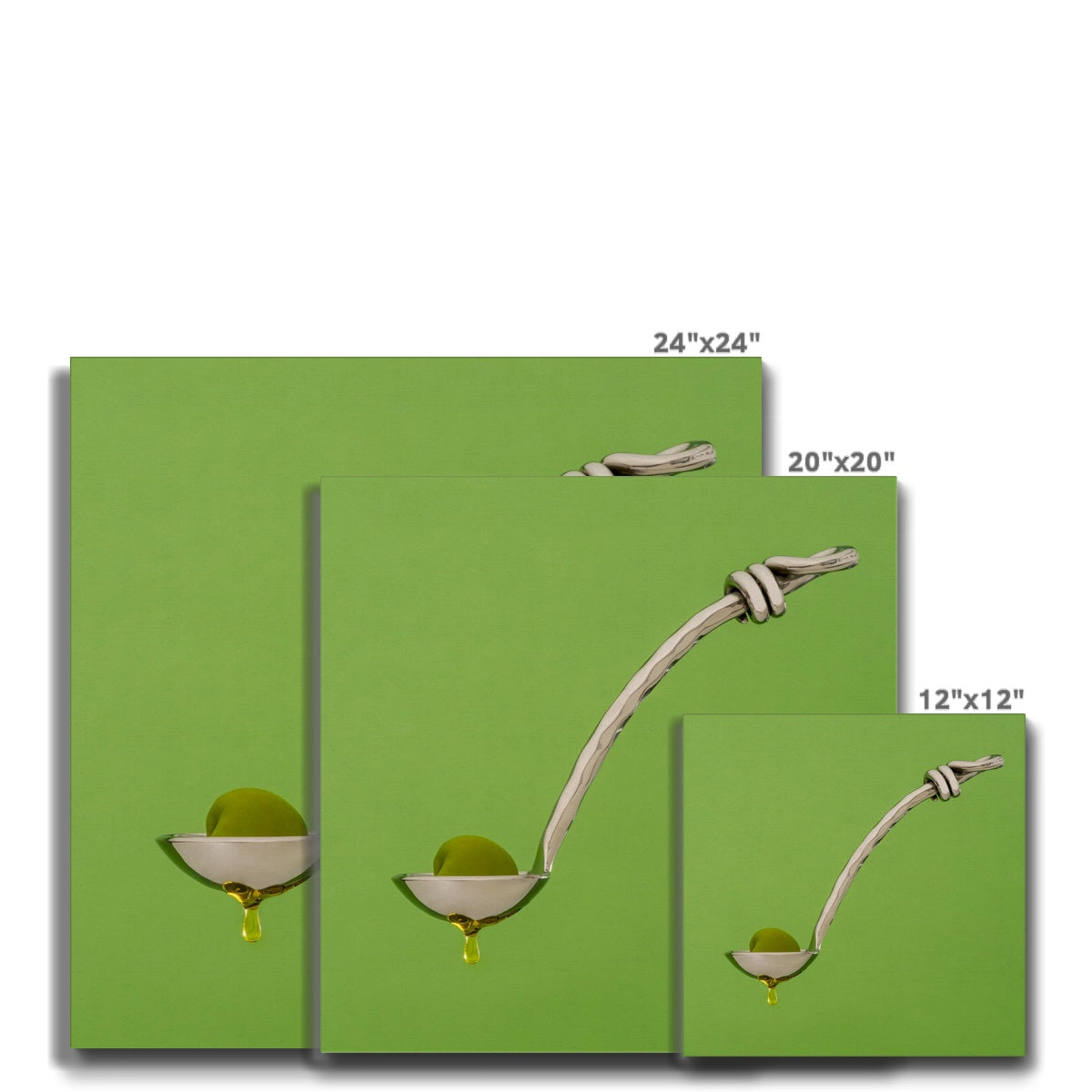 Single green olive on spoon with oil dripping. Canvas