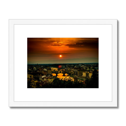 Ponte Vecchio at sunset and the river Arno. Florence, Italy. Framed & Mounted Print