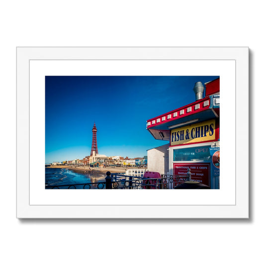 FISH AND CHIPS sign on Central Pier and Blackpool Tower. Framed & Mounted Print