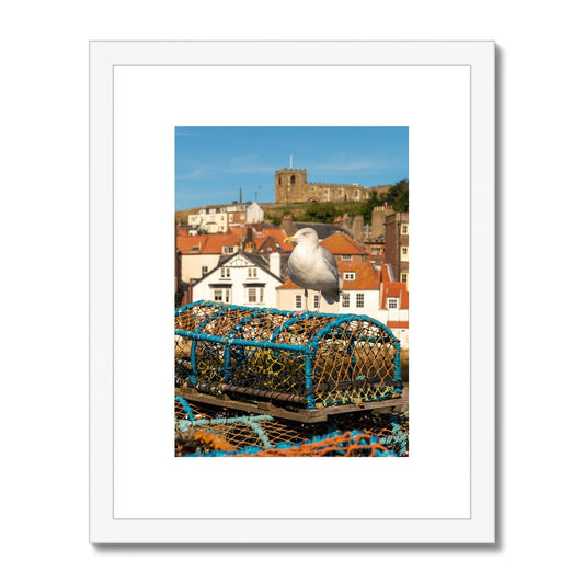 Seagull standing on a lobster trap on the quayside of Whitby harbour with St Mary's church in the distance. Whitby, UK. Framed & Mounted Print