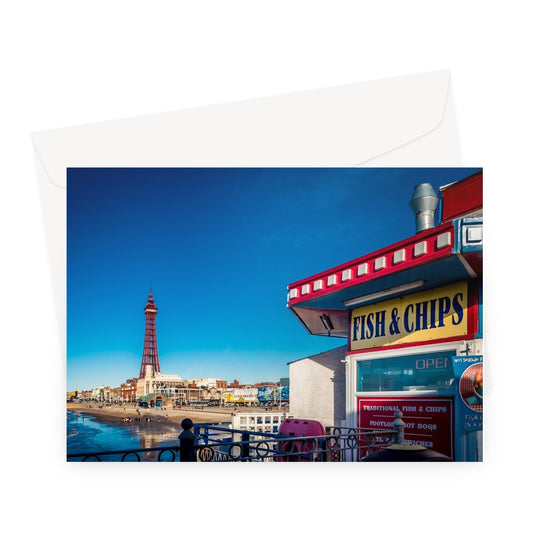 FISH AND CHIPS sign on Central Pier and Blackpool Tower. Greeting Card