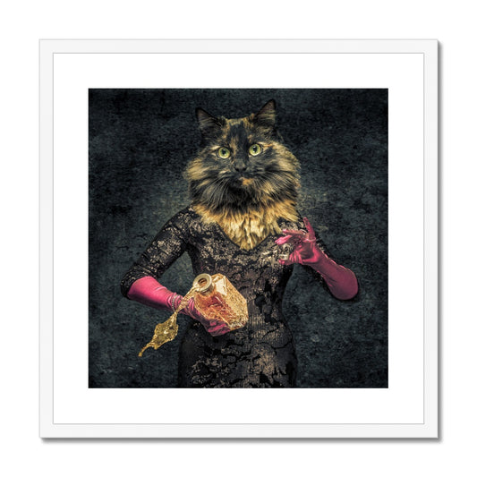 Anthropomorphic cat spilling drink from decanter Framed & Mounted Print