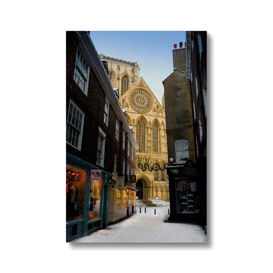South entrance to York Minster with the Rose window seen from Minster Gates in the snow, York, UK. Canvas