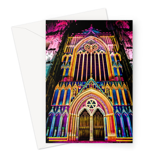 West front of York Minster, Illuminating York Festival. Greeting Card