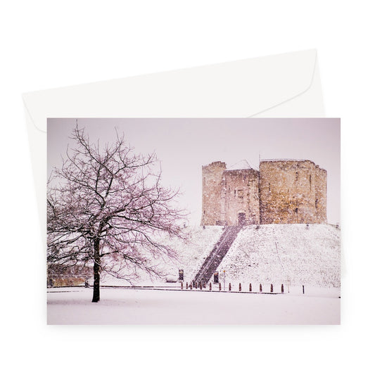 Clifford's Tower in snow blizzard, York, UK Greeting Card