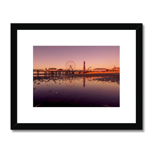 Blackpool Tower and Central Pier with beach reflections at sunset. Framed & Mounted Print